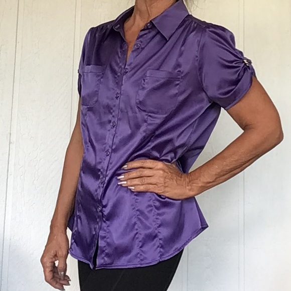 MACYS STYLE & CO PURPLE SATIN BUTTON DOWN BLOUSE SIZE 12 - Picture 4 of 10